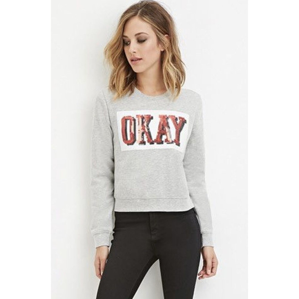 Forever 21 Sequin Grey Sweatshirt OKAY Word Art Graphic S Short Fit